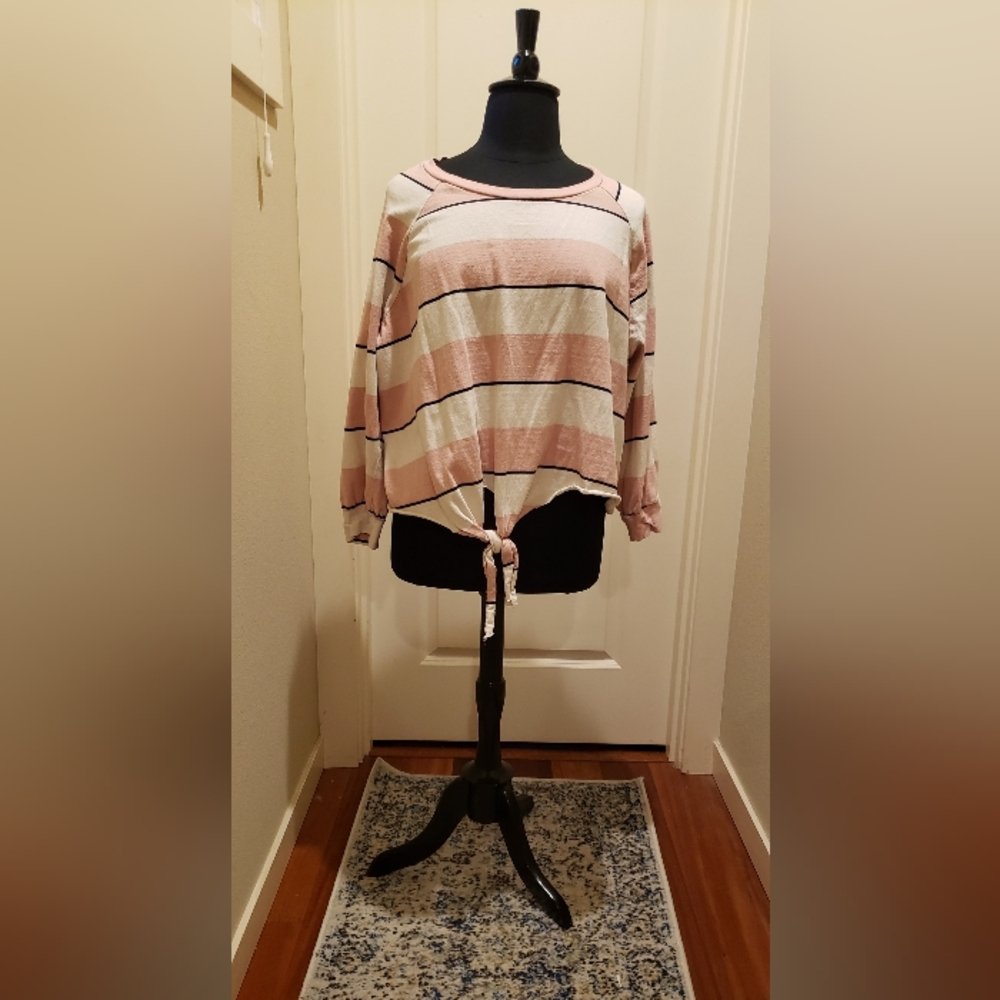 Perch Womans Striped Tie-Front Top in Pink and White